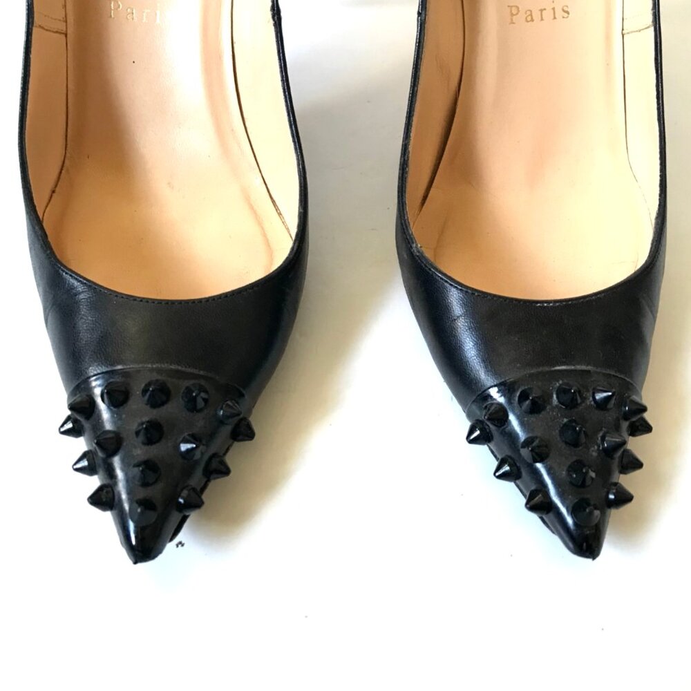 Christian Louboutin Geo Spike Pointed Toe Pumps Heels Womens 38.5 8.5 Black Stud - Picture 4 of 12